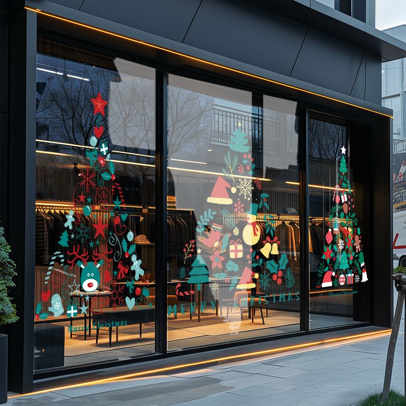圣诞节橱窗装饰场景布置贴纸商场黄金店铺简约圣诞树玻璃门静电贴