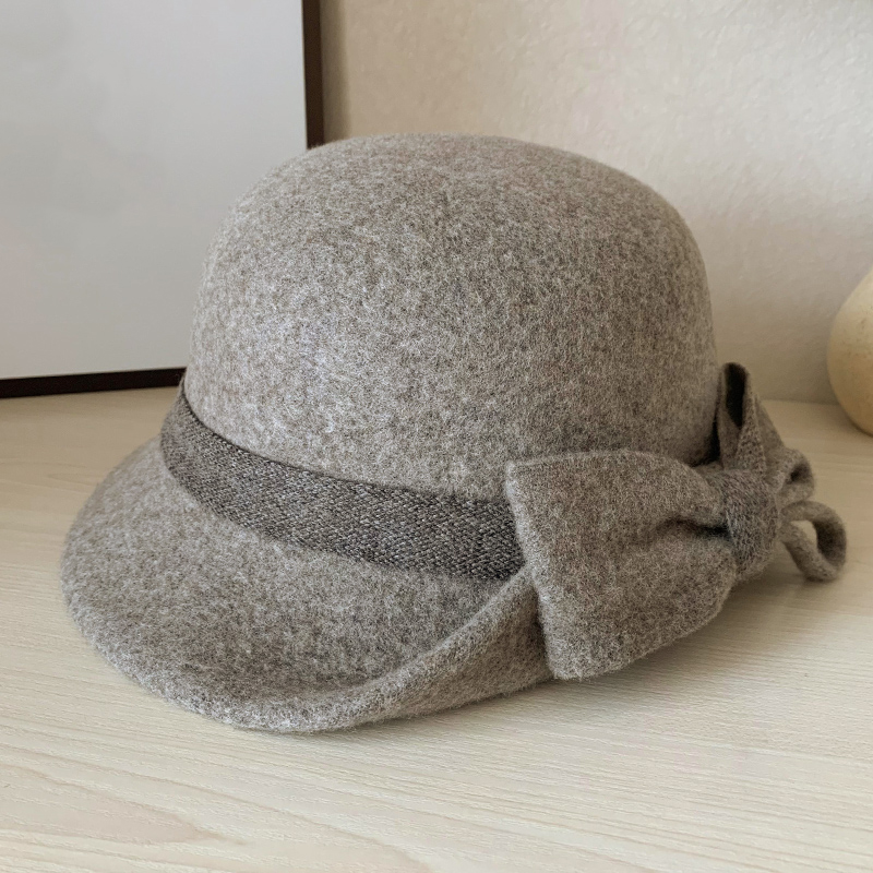 羊毛帽子女秋冬韩版优雅卷边蝴蝶结名媛礼帽妈妈英伦复古毛呢盆帽