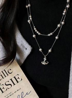 叠戴土星珍珠毛衣链小众轻奢