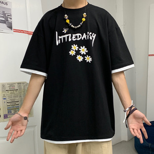 LT30068-P30小雏菊港风ins假两件t恤男短袖男五分袖男 港风图片
