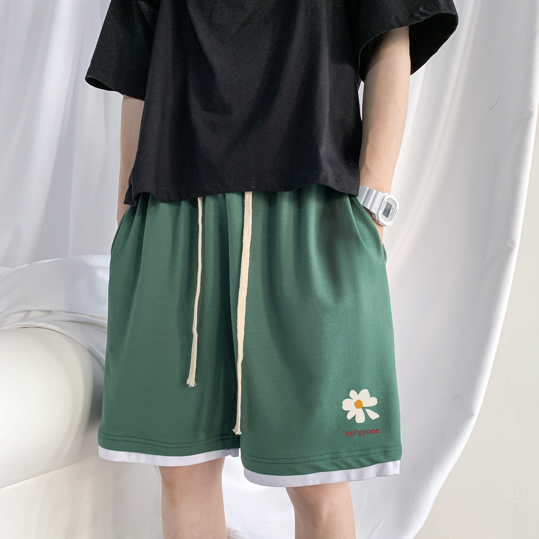 LK32059-P30小雏菊假两件运动短裤男大码五分裤男沙滩裤男港风,男装休闲裤,电商A040