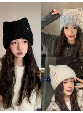 猫耳朵毛线帽子女秋冬季新款日系保暖可爱针织帽韩版加厚百搭冷帽