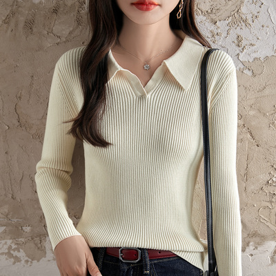 休闲100%纯棉POLO领针织打底衫女