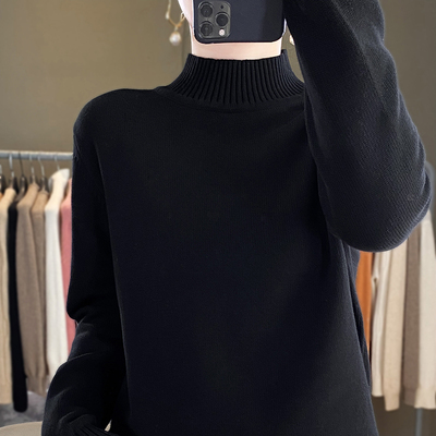 开叉100%纯棉半高领毛衣女