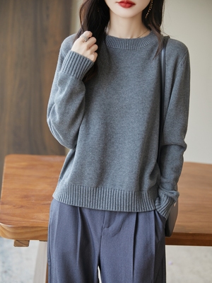 基础版100%纯棉圆领毛衣女秋冬内搭休闲百搭大码宽松针织打底衫女