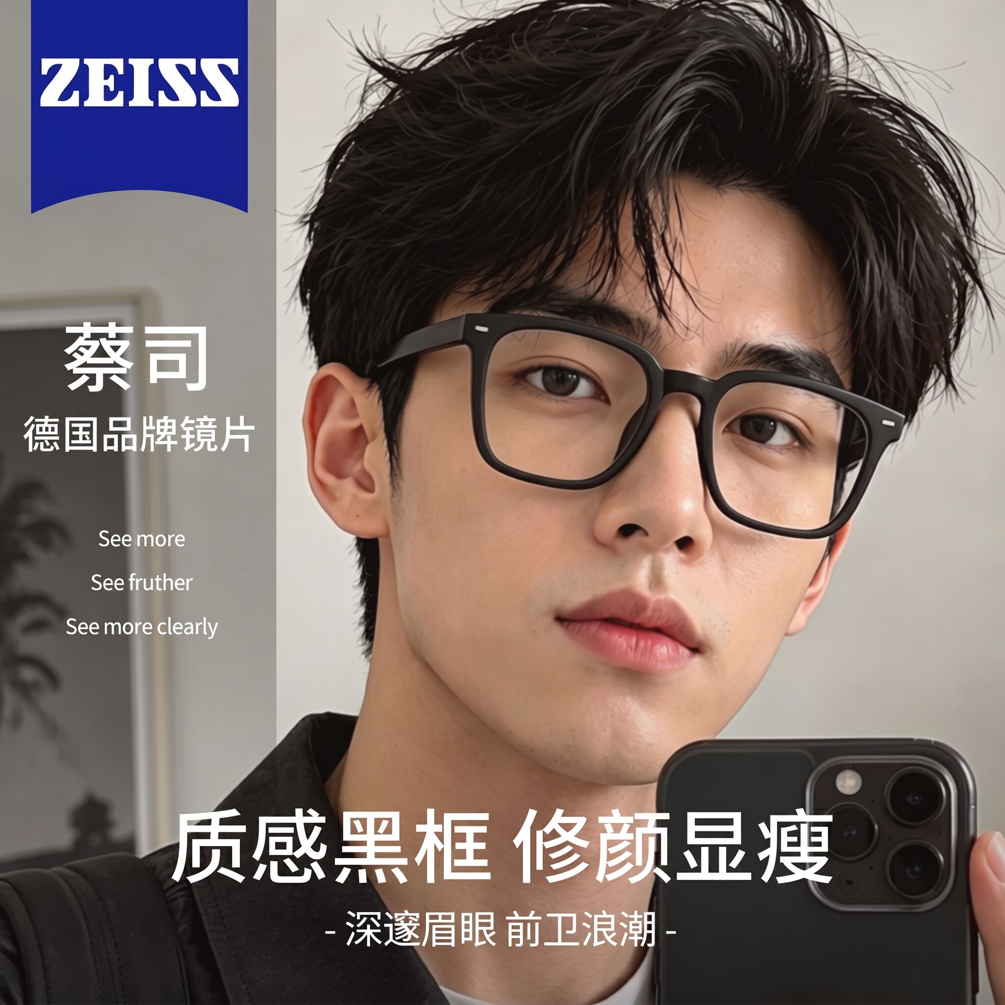 黑框眼镜男近视可配度数大框瘦脸