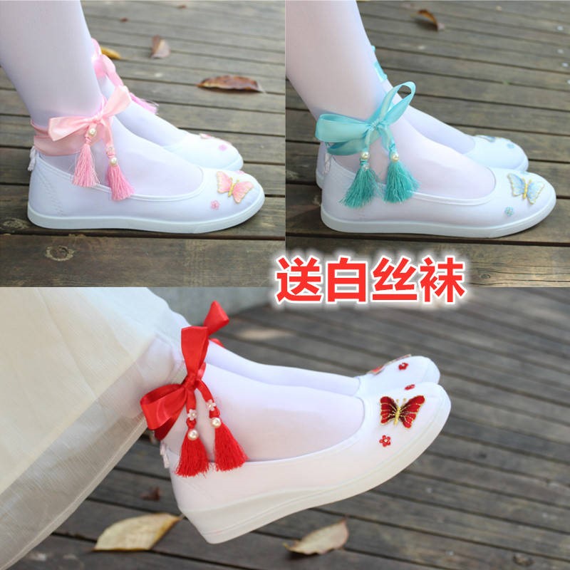 古风汉服鞋子女搭配古装学生舞蹈白色帆布刺绣花平底坡跟绑带cos