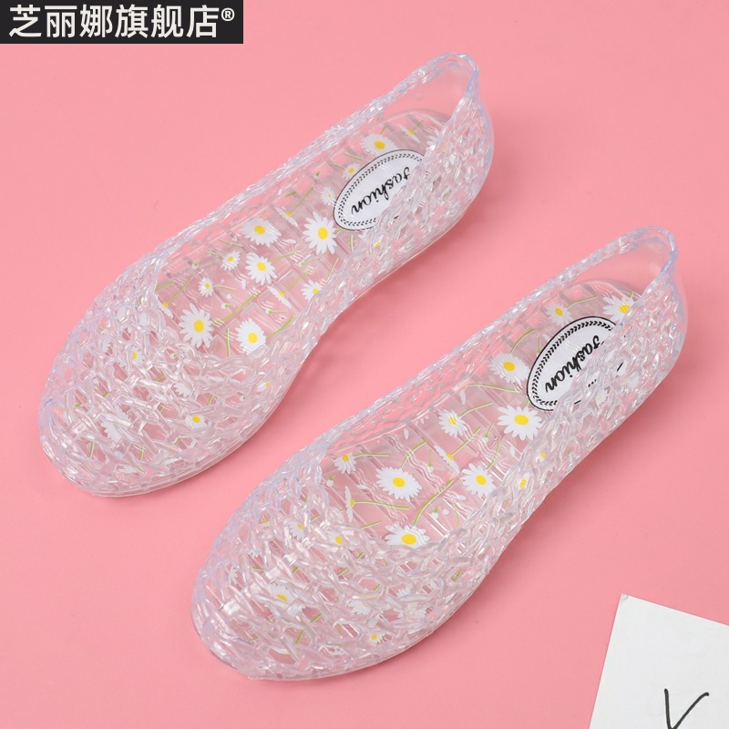 夏季水晶果冻沙滩鞋镂空甜美透明洞洞鞋平底妈妈鞋防水塑料女凉鞋