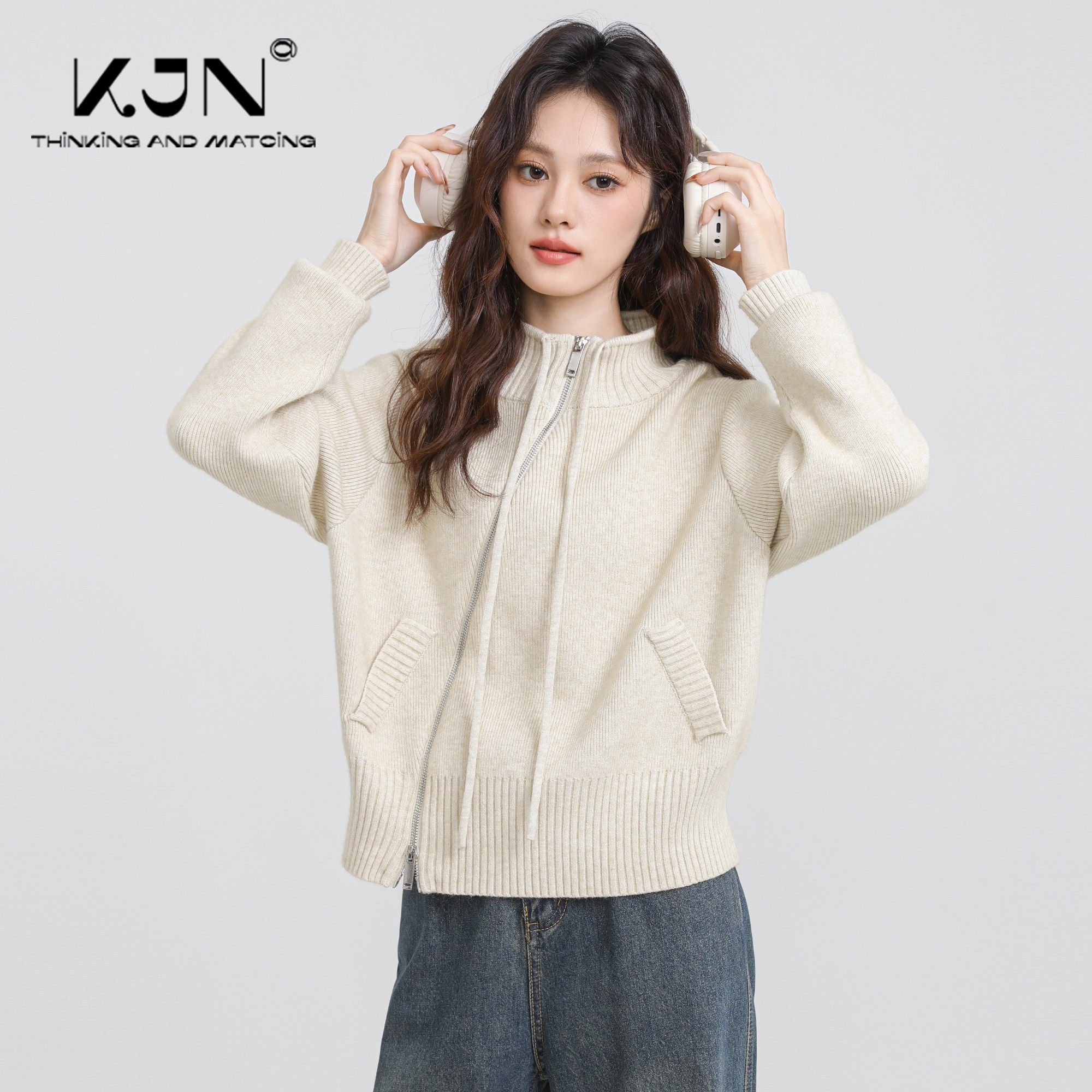 半高领加厚毛衣外套女2025春秋新款不规则双拉链立领针织开衫上衣,个性定制/设计服务/DIY,棉服工装,淘宝优惠券,粉丝福利购,淘宝优惠卷