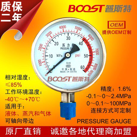 Y-100B不锈钢压力表 径向型轴向型特殊螺纹M20×1.5普斯特BOOST