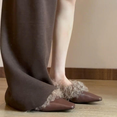 法式复古方头加绒粗跟浅口单鞋女秋冬季配大衣毛毛鞋一脚蹬厚底