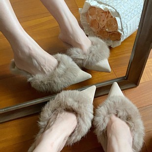 秋冬新款加绒毛毛鞋外穿尖头细跟兔毛半拖女鞋高跟鞋女毛毛鞋法式