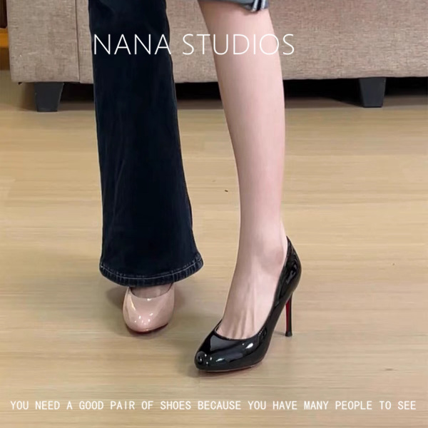 红底裸色高跟鞋女细跟圆头性感漆皮黑色不累脚单鞋通勤不累脚新款