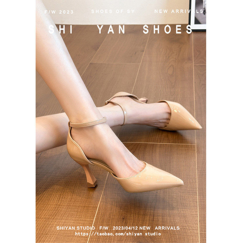 日常百搭裸色高跟鞋女细跟中空一字扣带性感气质凉鞋女大码胖宽脚