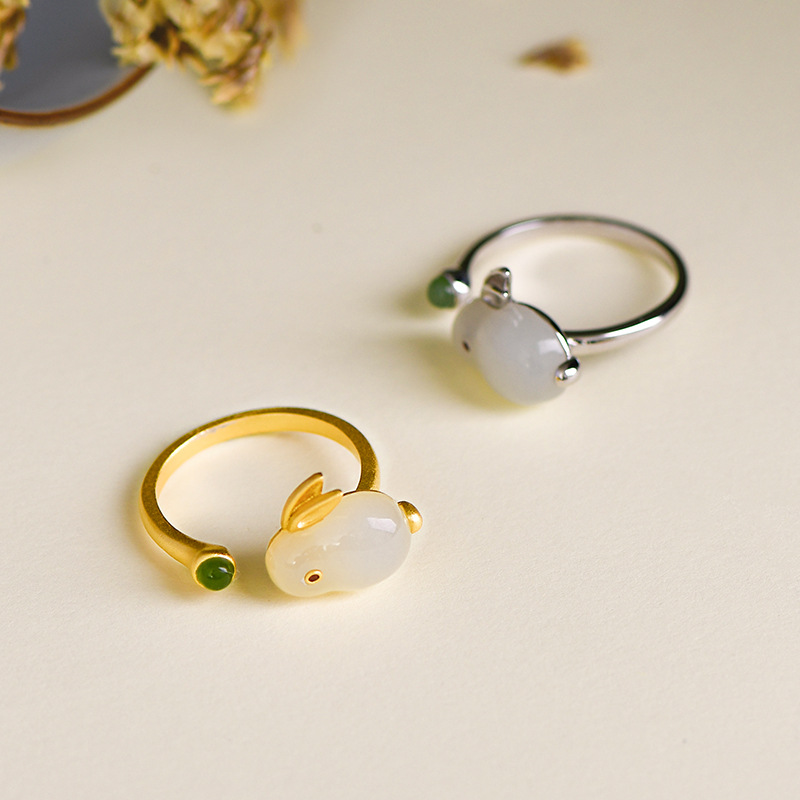 玉兔子和田玉石戒指女纯银食指环开口小众设计高级感轻奢精致故宫