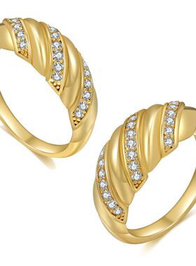 戒指锆石戒指真金新款18K饰品羊角 包扭曲麻花跨境热卖亚马逊