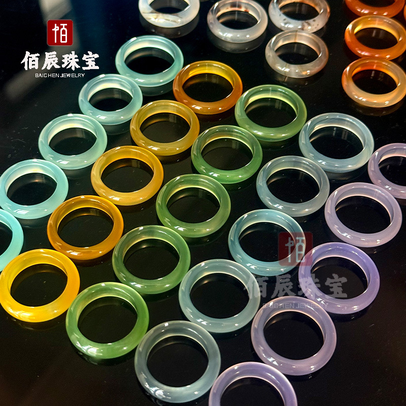 天然高冰马料白玉髓戒圈油青天然花多色玛瑙戒指冰透玉石素圈指环