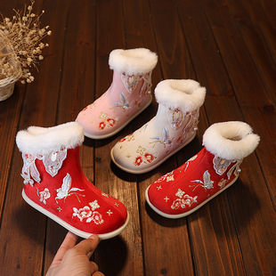 女童绣花鞋冬加绒拜年鞋年服鞋儿童手工汉服鞋老北京公主古装童靴
