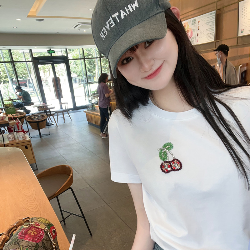 高档欧货印花镶钻2026新款女装樱桃印花圆领短袖棉上衣白色t恤女