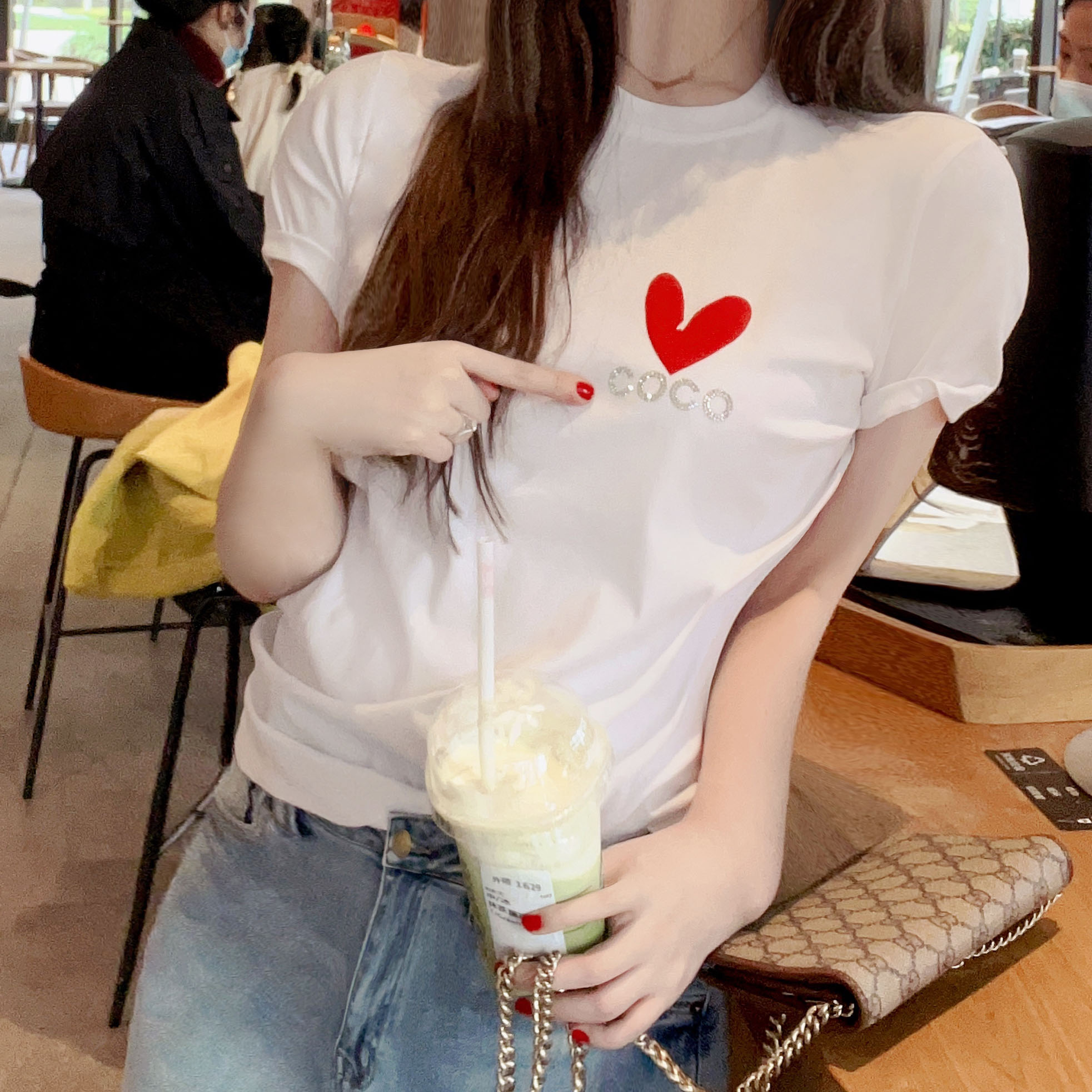 欧美2025春夏新款圆领烫钻印花精品棉休闲时尚上衣短袖白T恤女