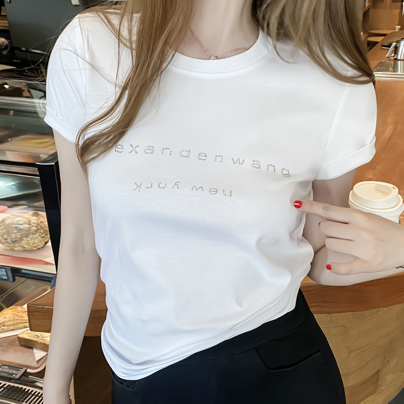 欧货2026夏圆领烫钻字母印花百搭修身上衣纯棉白色休闲短袖T恤女