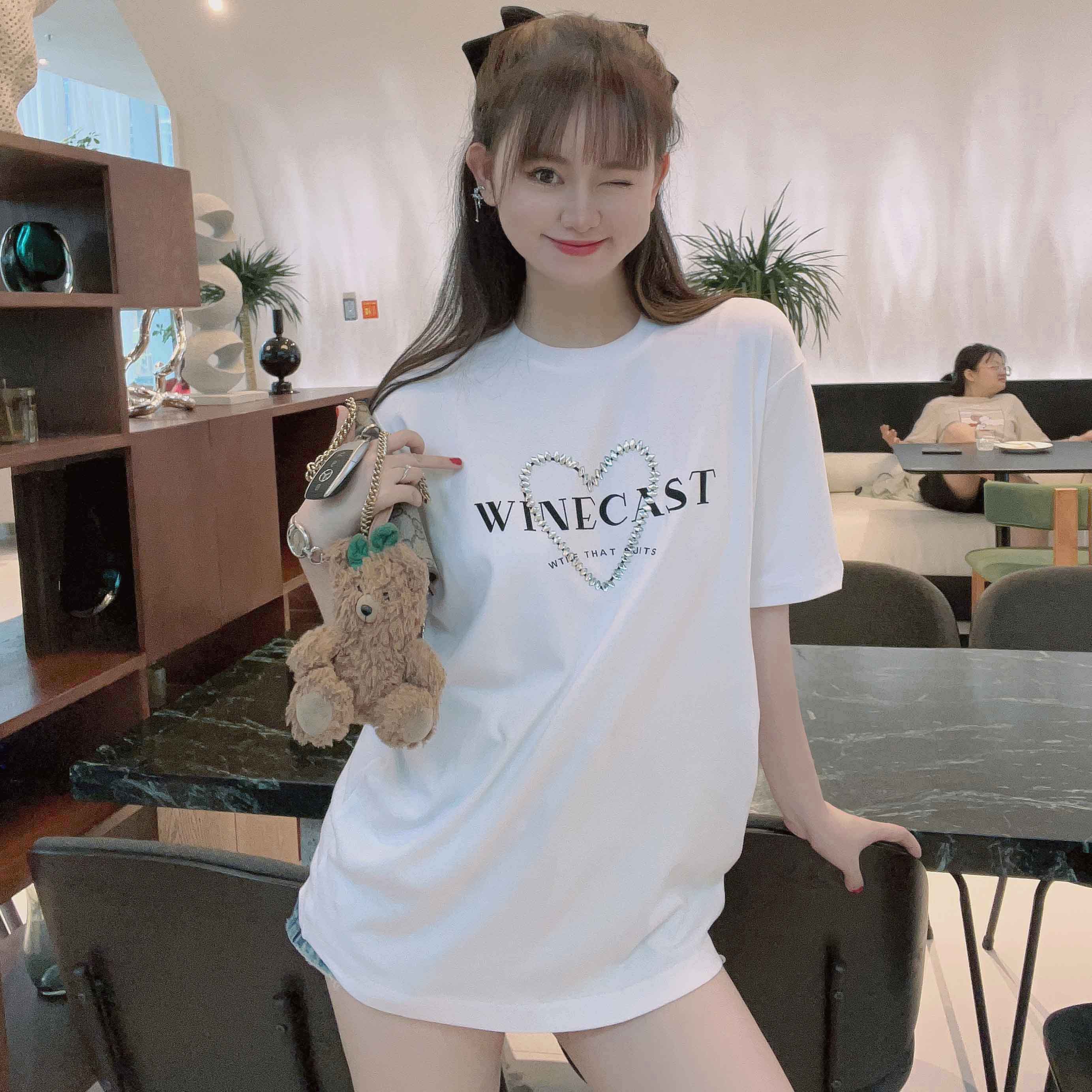 短袖欧美薄烫钻印花棉女宽松