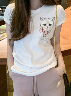 t恤女2026春夏欧美圆领精品棉纯棉短袖烫钻印花修身白色T恤女
