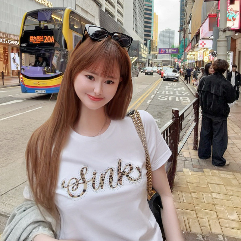 豹纹字母精品重工2026春夏精品圆领正肩显瘦棉白色上衣短袖T恤女