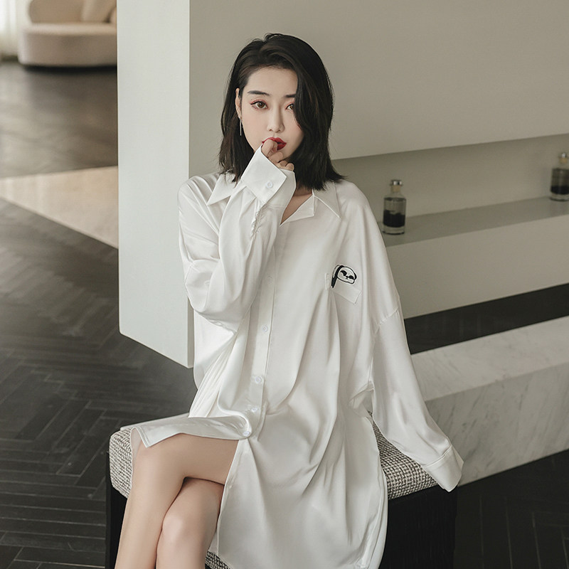 2022年睡衣女春秋季冰丝性感薄款男友风白衬衫长袖丝绸中长款睡裙