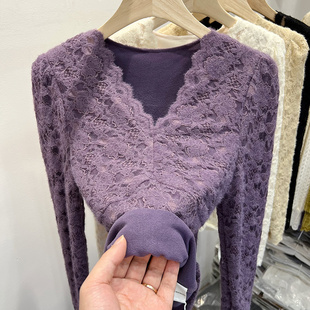 紫色1219e 女高级感保暖加绒内搭打底衫 秋冬法式 v领磨毛加厚蕾丝衫