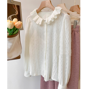 1219e 女秋冬加绒加厚减龄内搭打底小衫 法式 荷叶边娃娃领蕾丝衬衫