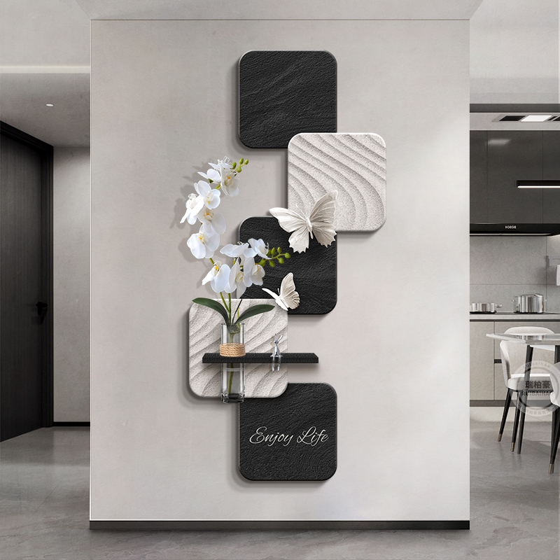 黑白灰玄关装饰画水培绿植意式极简客厅走廊尽头挂画立体入户壁灯