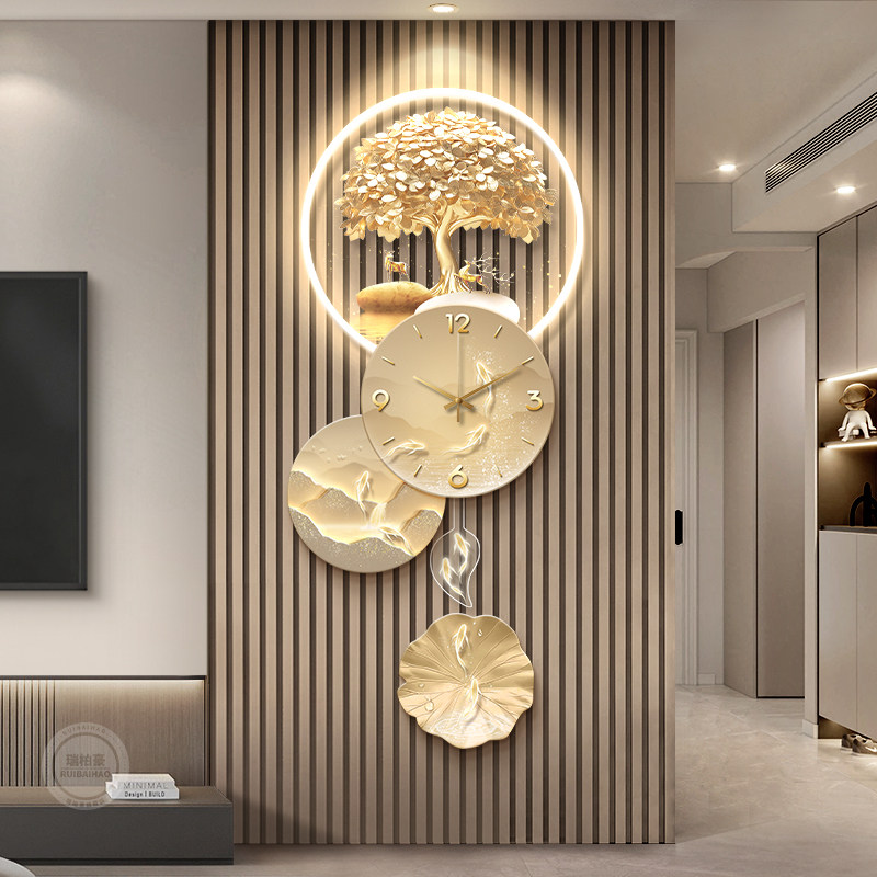 轻奢客厅电视背景墙装饰时钟表高级感玄关走廊格栅挂画 画发财树