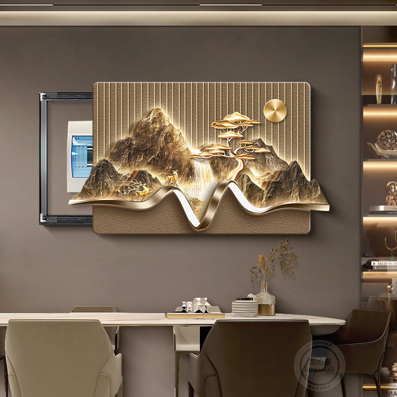 轻奢饭厅电表箱装饰画 画推拉遮挡新中式配电箱电闸盒高级感山水