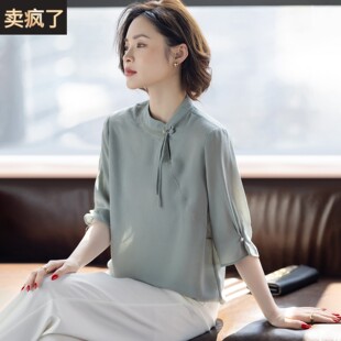 中式妈妈夏装新款套装洋气时尚高贵小衫中袖t恤中老年女士上衣服