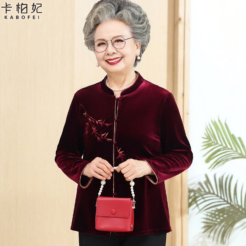 中老年妈妈春季长袖衬衫60岁70奶奶金丝绒薄外套80老太太富贵衣服