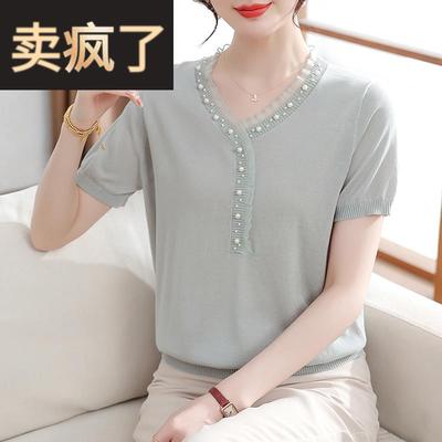 中年妈妈夏装冰丝小衫短袖T恤洋气中老年女薄款针织上衣2025新款