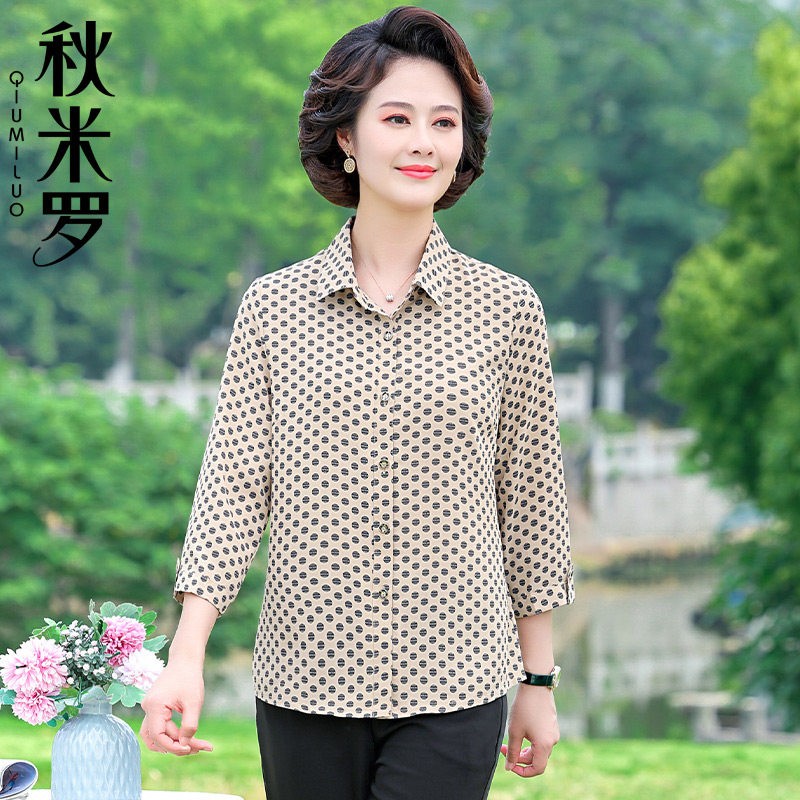 中年妈妈春秋九分袖雪纺衬衫洋气中老年女装印花夏季薄款小衫上衣
