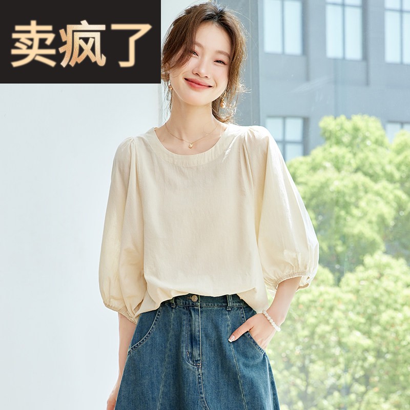 法式棉麻短袖衬衫女夏季薄款五分袖T恤圆领休闲遮肚子宽松衬衫上