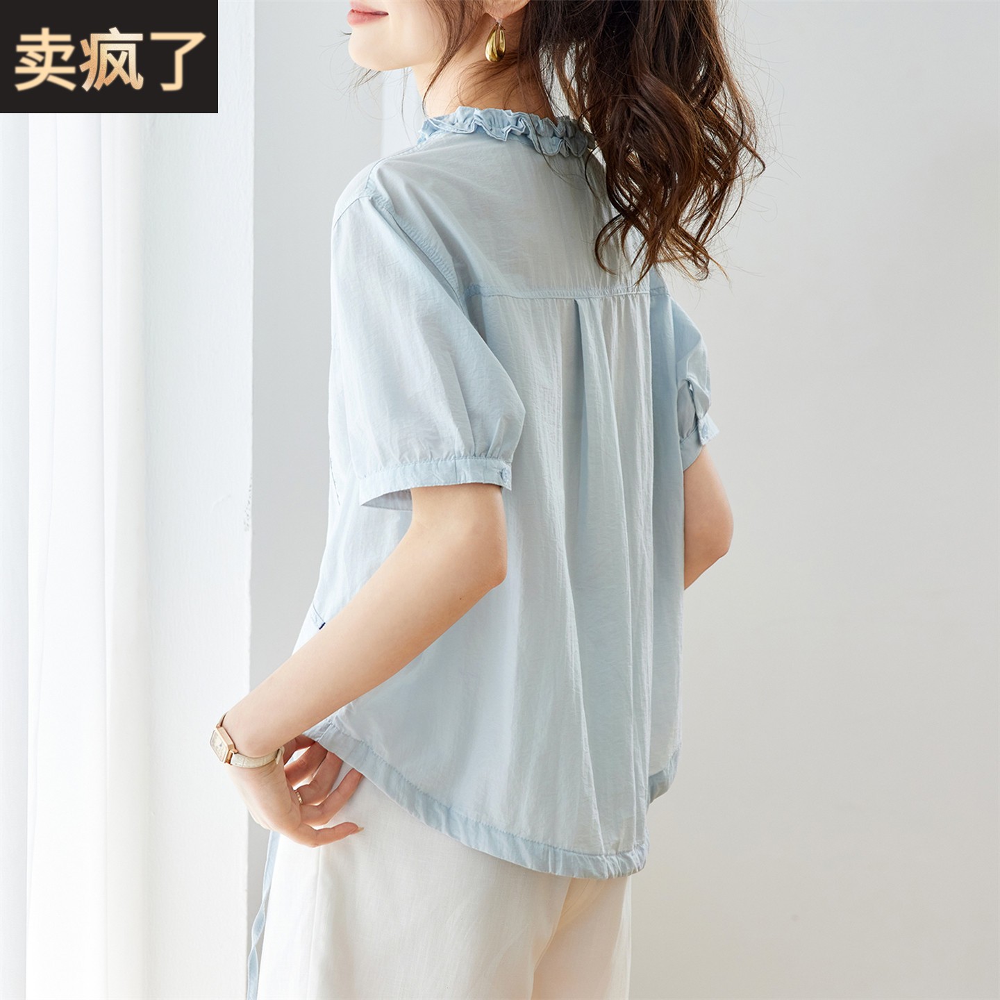 蓝色短袖衬衫女夏季2026新款高级感上衣洋派抽绳减龄半袖T恤小衫