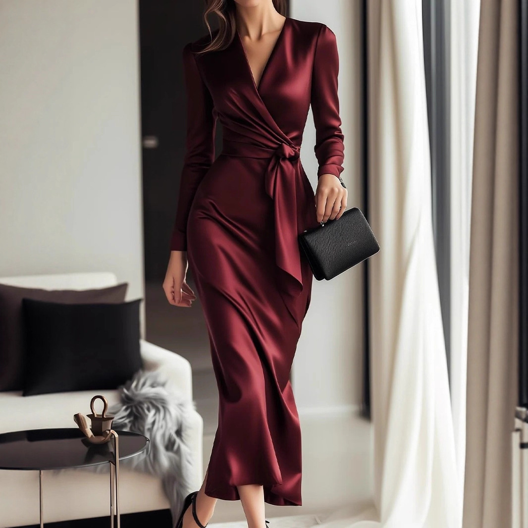 秋季长袖礼服V领束腰气质优雅连衣裙 Women Party Evening Dress
