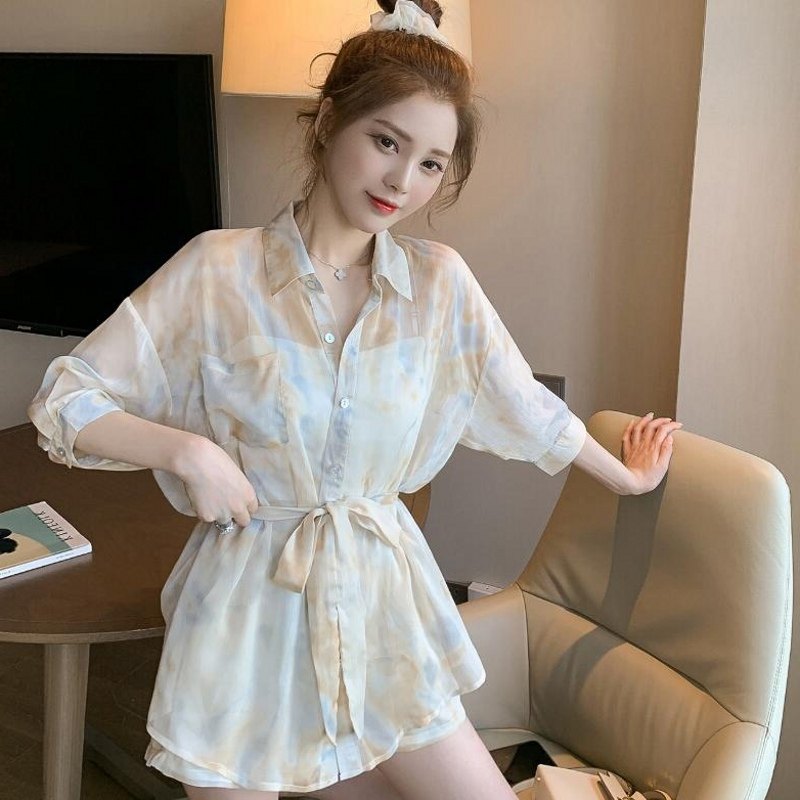 小个子套装夏季2020年新款系带防晒衬衫洋气短裤子减龄时尚两件套