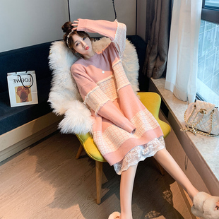哺乳洋装a秋冬装外出时尚辣妈款针织毛衣裙子打底衫哺乳潮服冬天
