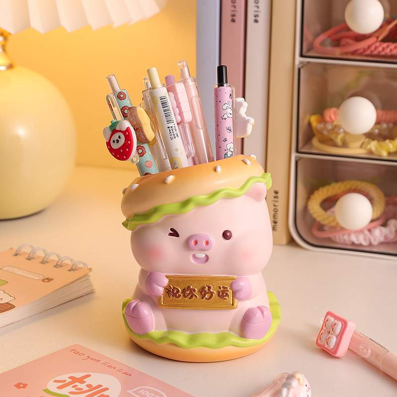 创意卡通猪你好运汉堡小猪笔筒