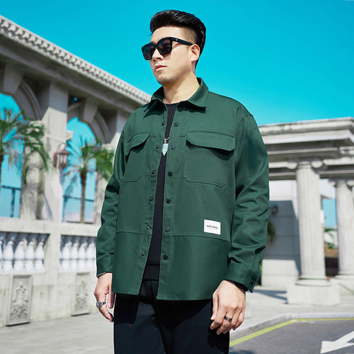 W6022 胖哥哥男装胖子春装新款翻领纽扣工装夹克宽松外套男大码