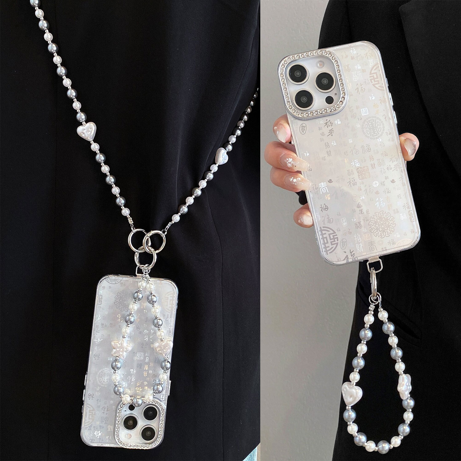 镶钻镜头百福图适用iPhone17手机壳16promax时尚高级15pro斜挎背带链iPhone14女13便携xsmax手提链12/11软8p