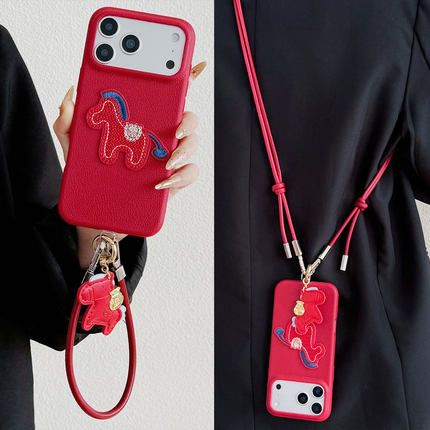 新年刺绣红马适用oppoReno15/14手机壳k13turbo皮革背带Findx9/8s小马挂件reno12/11手拎x7防摔k10斜挎女9/8