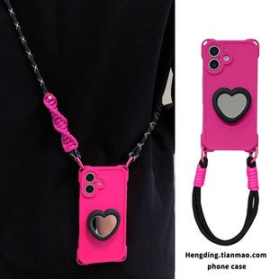 6防摔斜挎女背带时尚 玫红爱心镜子支架适用iQOONEO9手机壳iQOOZ9 Turbo日韩高级neo8调节斜挎z9x手提绳neo7