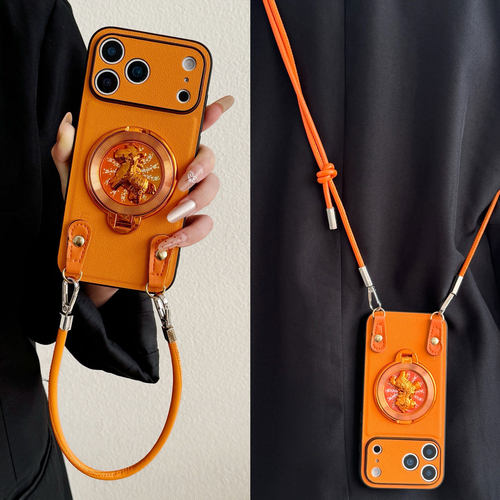 高档橙色皮纹马上有钱旋转支架适用oppoReno15/14手机壳k13皮革斜挎Findx9/8s时尚A6pro手提绳12/11防摔A5A3
