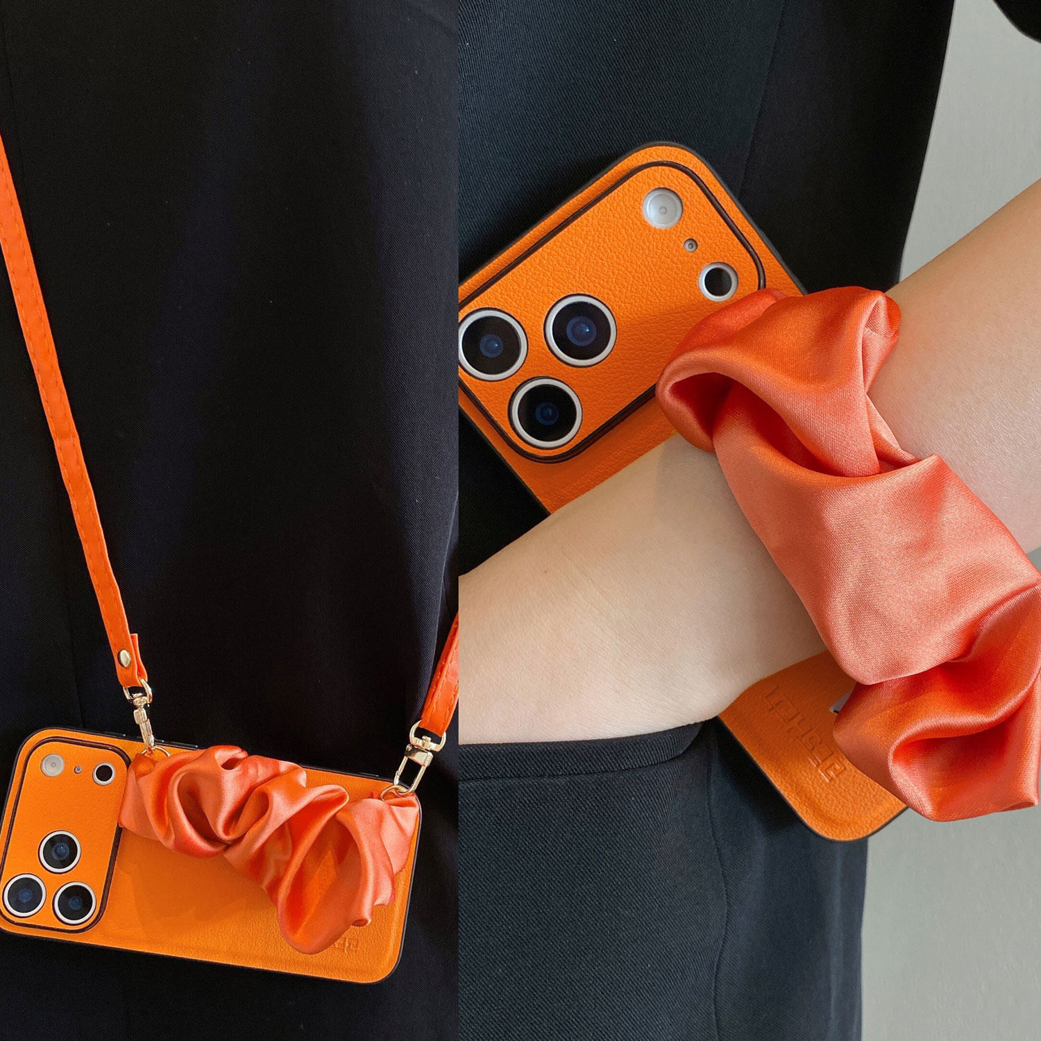 高档时尚爱马仕橙弹力丝巾腕带适用华为Nova14/13pro手机